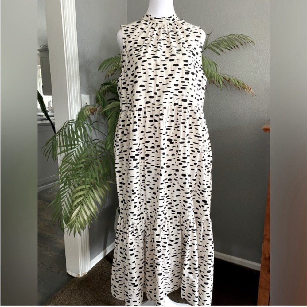 ASOS cotton sleeveless midi dress open back black white dot print size 10